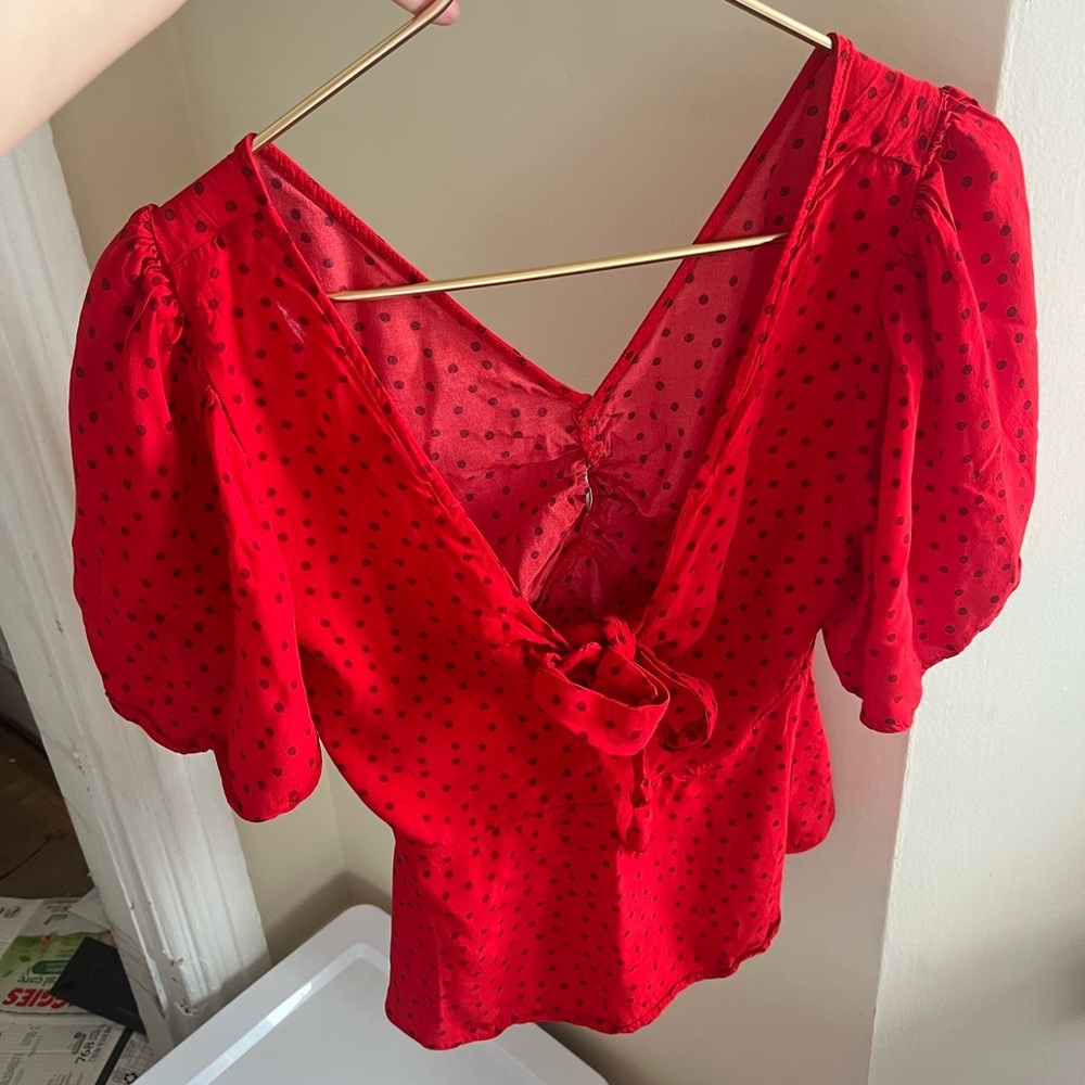 a new day romantic cottage vibrant Red and Black Polka Dot Blouse XS - Picture 11 of 12